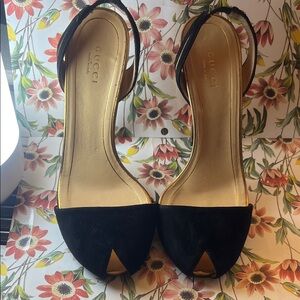 Gucci Black Suede Open-Toe Slingback Heels with Gold Toe Accent